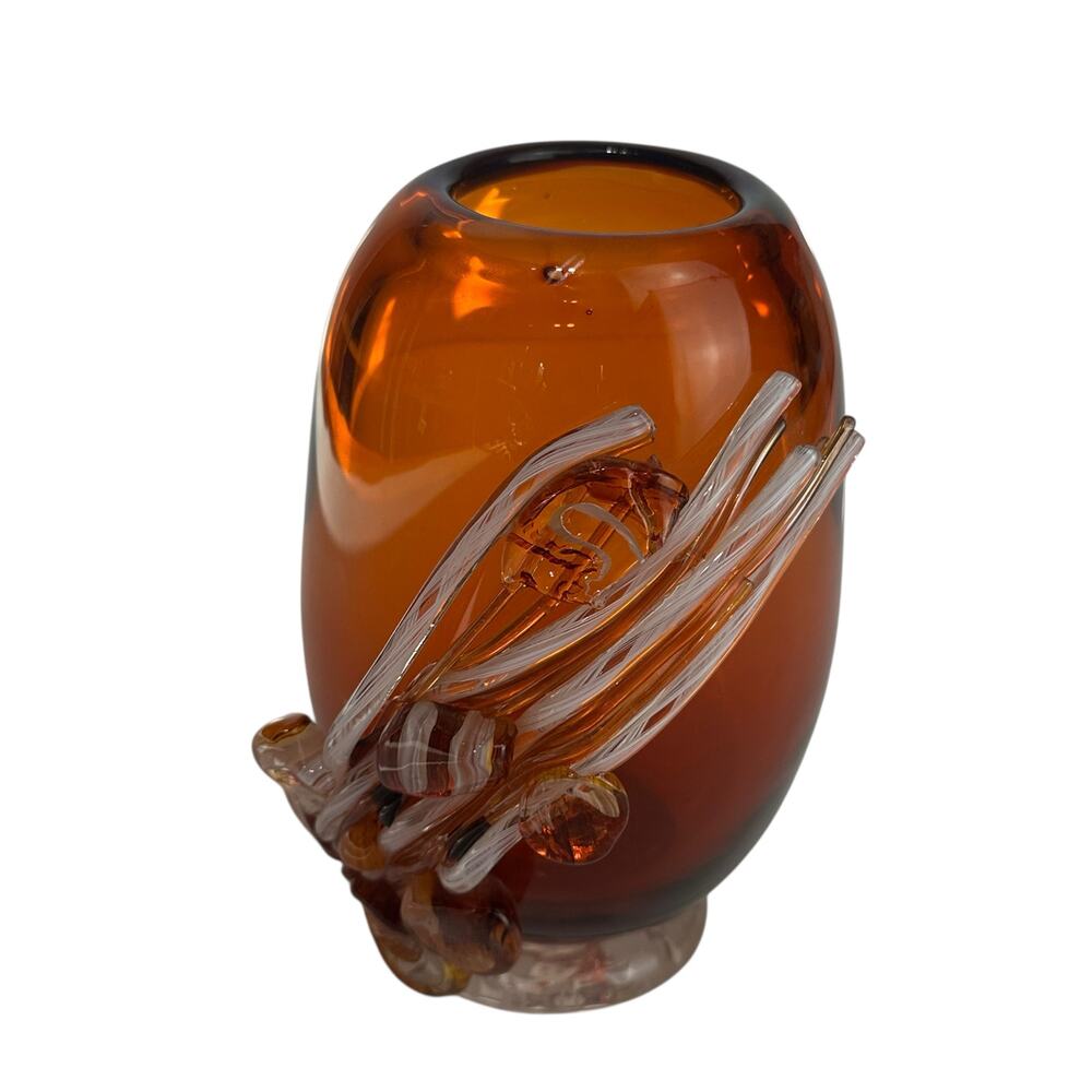 Studio Art Glass Vase Amber Swirl Applied Ribbon Abstract Signed vAB Modern 2018